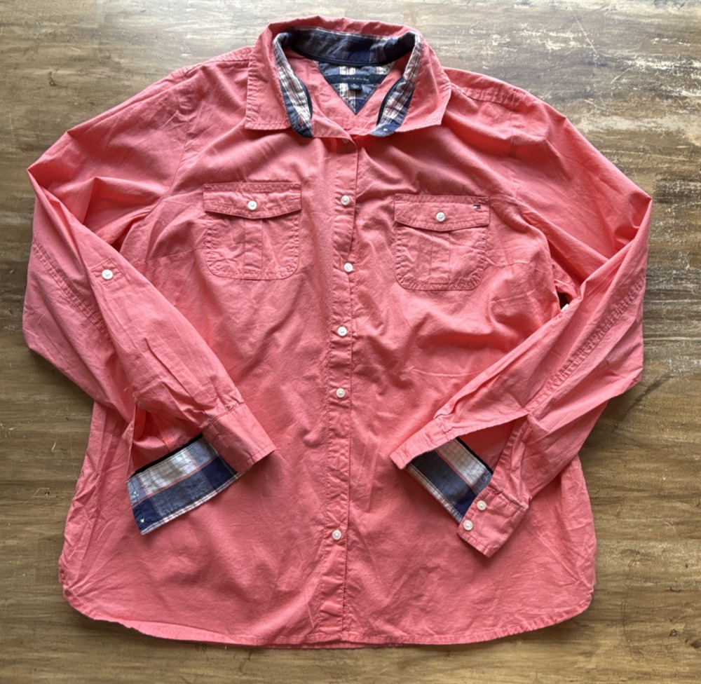 Tommy Hilfiger Women’s XL White Button Down Shirt Pink Plaid Trim Cotton